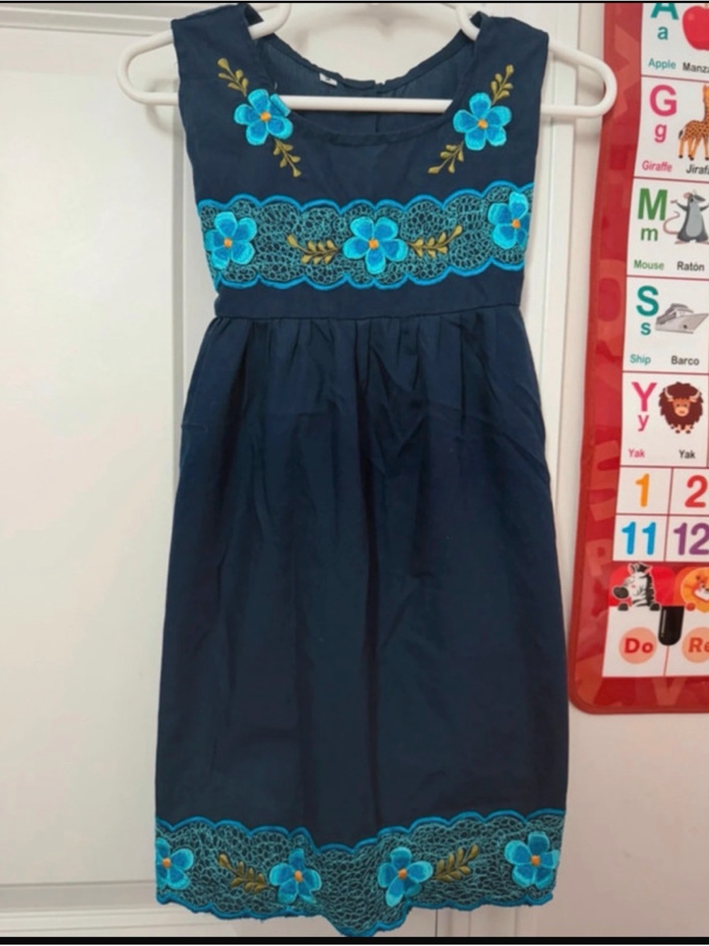 Navy Girls Sleeveless Dress with Turquoise Floral Embroidery